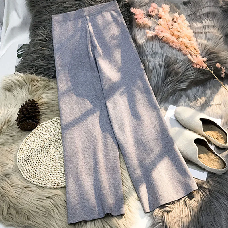 

Knitted Pants Women Spring Casual Trousers Elastic Waist Side Row Buckle Slim High Waist Black/gray Straight Pants Loose Female