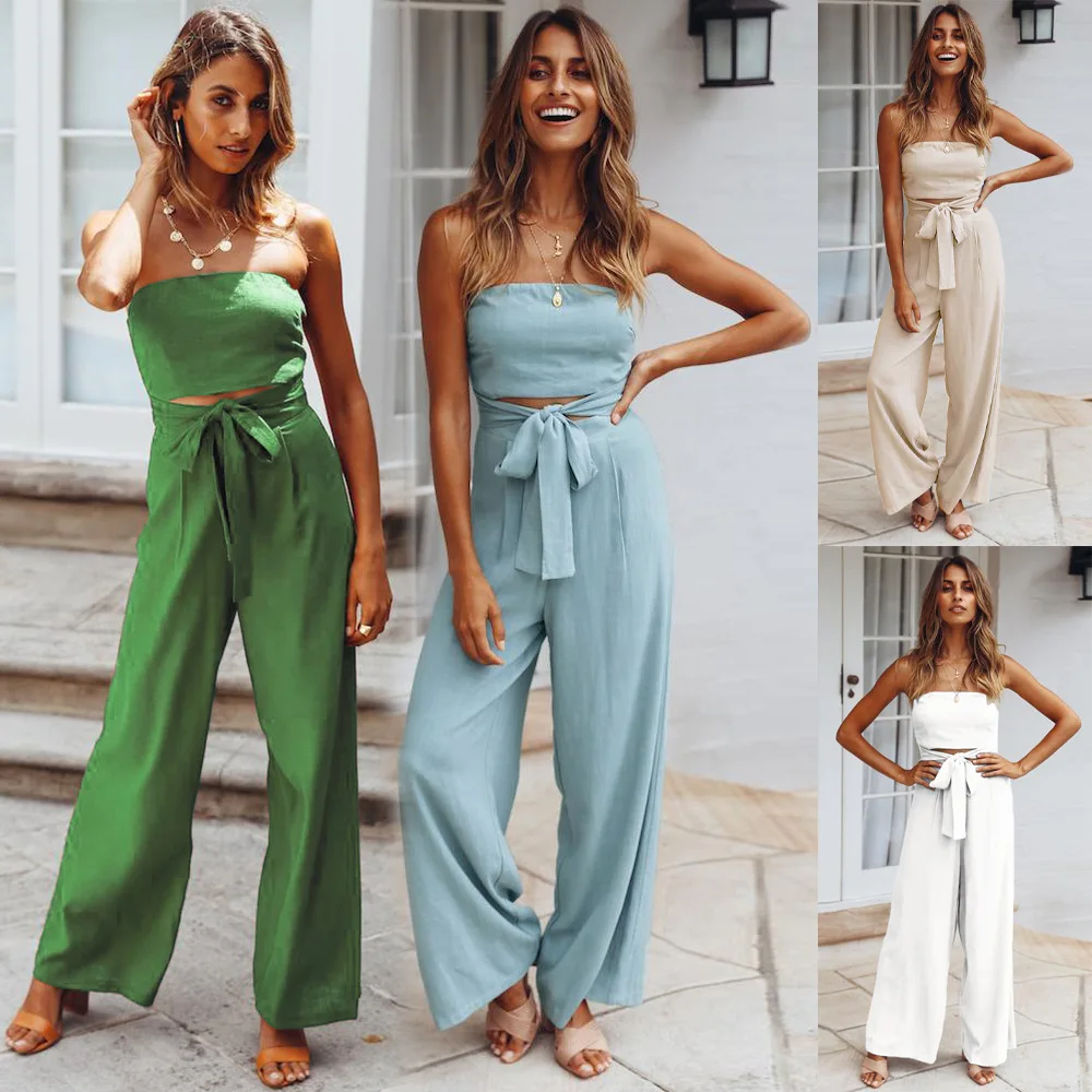 

2023 Spring Summer Jumpsuit Women's New Casual Fashion Set Sexy Backless Slim Fit Outfit Straight Leg Pants Set High Waist