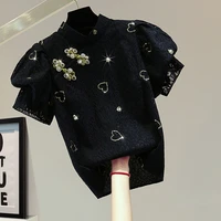retro buckle stand collar puff sleeve lace t shirt for wommen 2022 summer korean style beads rhinestones sequins short sleeved t