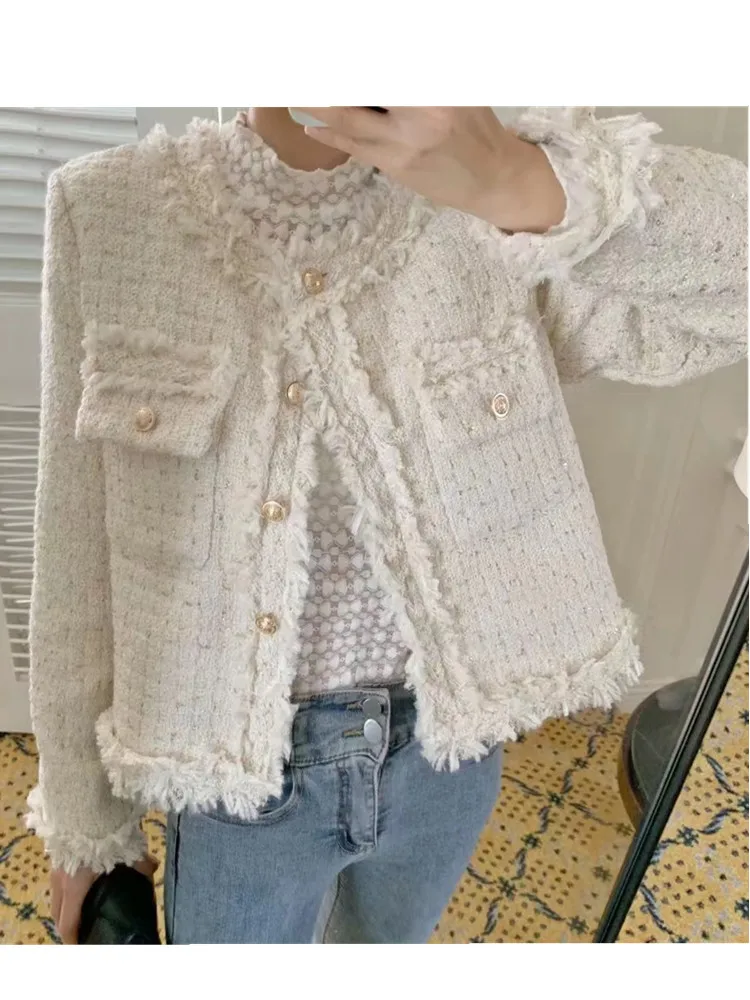 

2023 New Fashion Vintage Elegant Women Woolen Tweed Coat O-Neck Slim Short Jackets Korean Wool Blends Outwear Tops