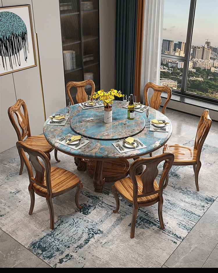 Combination New Chinese Style Marble Round With Turntable Ebony Wood Restaurant For 8 People Gathering