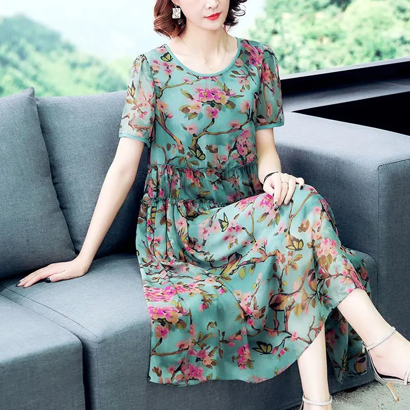 

Women 2023 New Summer Vintage Floral Print High Waist Short Sleeve Dresses Fashion Koorean Style Female Maxi Vestidos X114