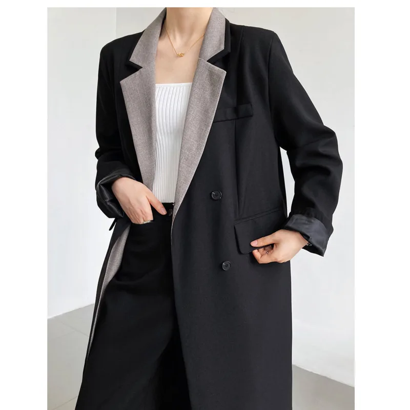 2022 Autumn Women Long Blazers Tailored Collar Double Breasted Loose Contrast Straight Pocket Suit Coat Woman Casual Coats Tops