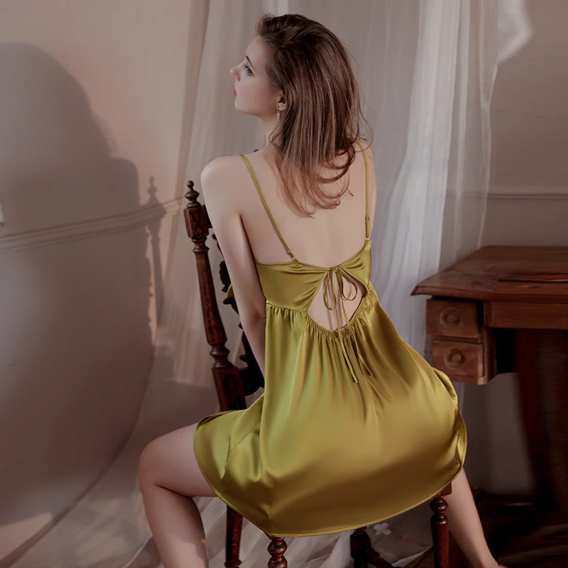 Underwear Nightgowns Sexy Deep V Solid Color Thin Pajamas Bow Tie Suspender Nightdress Home Service Lingerie Sexy Women Dress