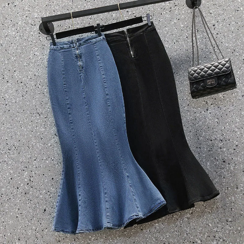 

Falbala Denim Skirts Female Korean Version Spring Autumn High Waist Slimming Elastic Slim Slit Bag Hip Mermaid Mid Length Skirt