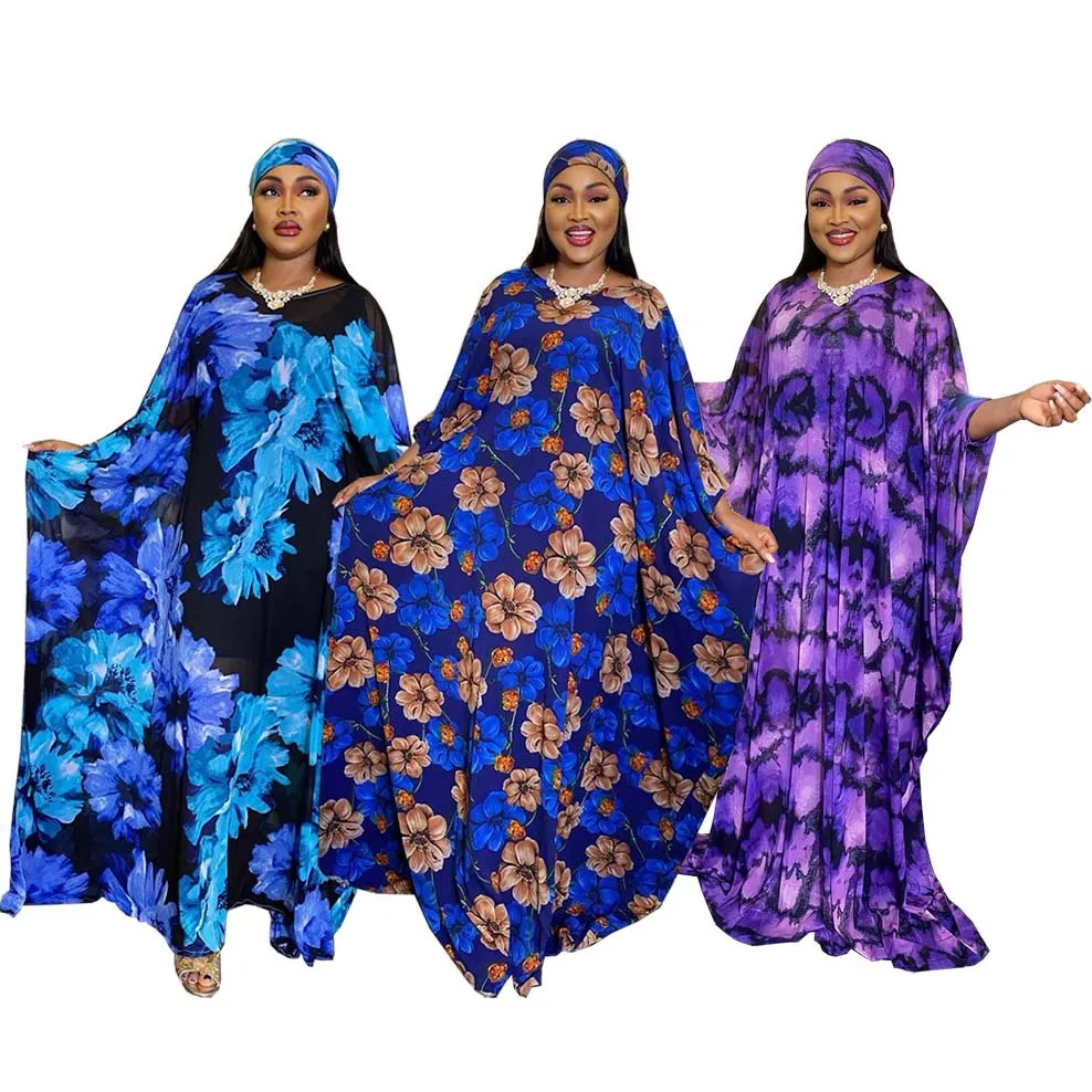 

Muslim New African Dresses For Women Boubou Robe 2022 Novelty Kanga Clothing Chiffon Print Floral V-neck Maxi Clothes With Hijab