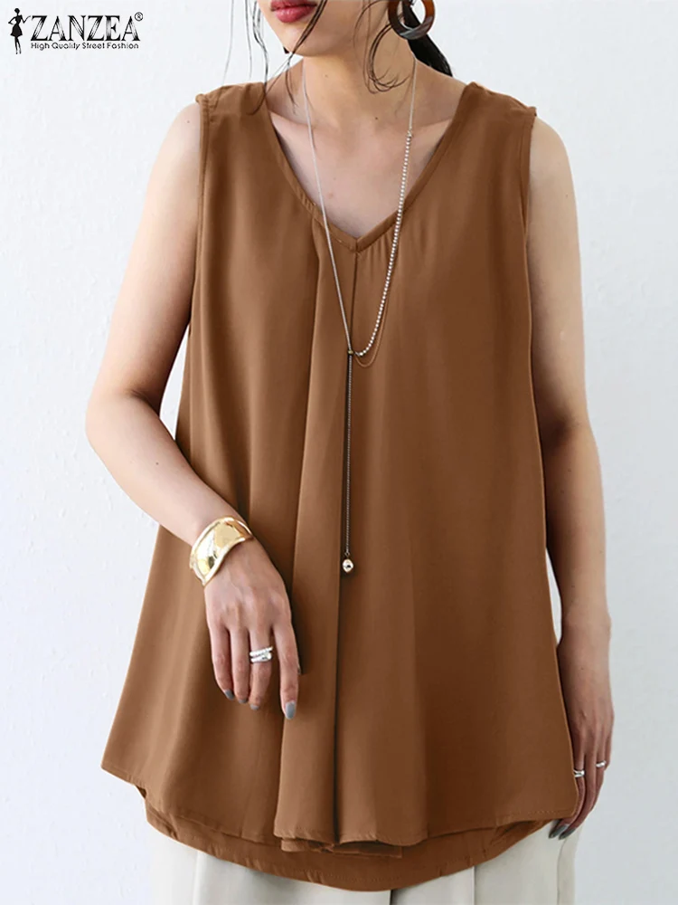 

Летний женский топ без рукавов ZANZEA, винтажная однотонная женская блузка, праздничная пляжная рубашка, элегантная женская блузка с V-образны...