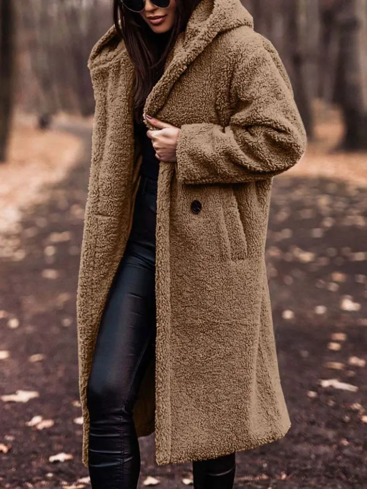 Woman Winter Long Coat Plush Warm Fur Coat Female 2022 New Fur Hooded Jacket Female Brown Coat Outwear Ladies Solid Outerwear