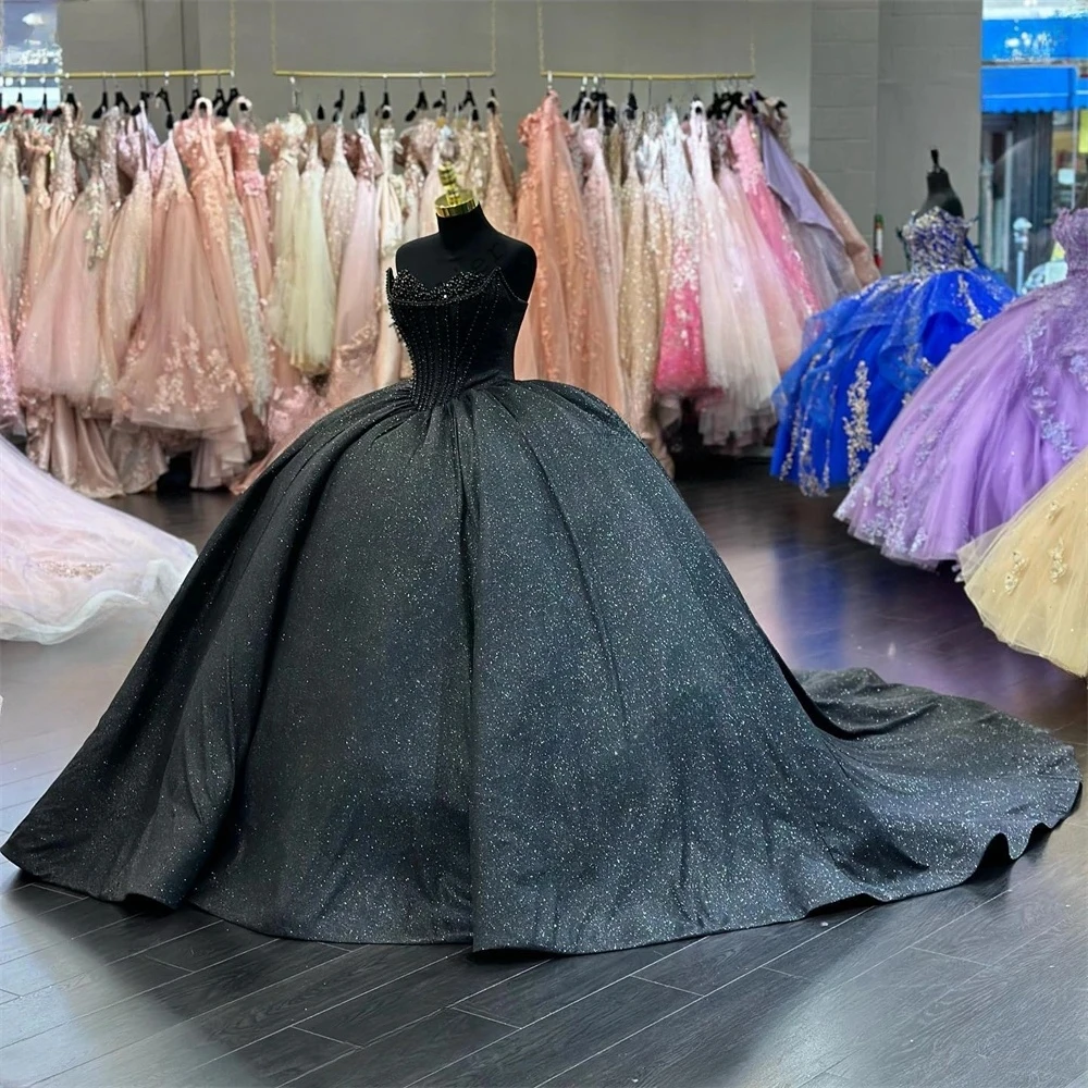 

Black Princess Quinceanera Dresses Ball Gown Sweetheart Sequins Sparkle Pearls Sweet 16 Dresses 15 Años Mexican
