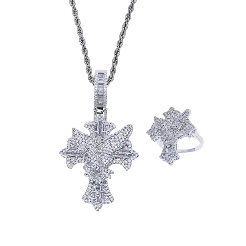 2024 ожерелье с крестом Iced Out Peace Dove для мужчин зубец кубический цирконий блестящий