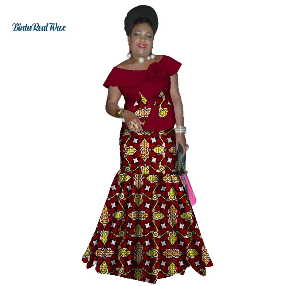Bazin Riche African Ruffles Sleeve Tops and Skirt Sets for Women Traditional African Print 2 Pieces Skirt Sets Clothing WY3059