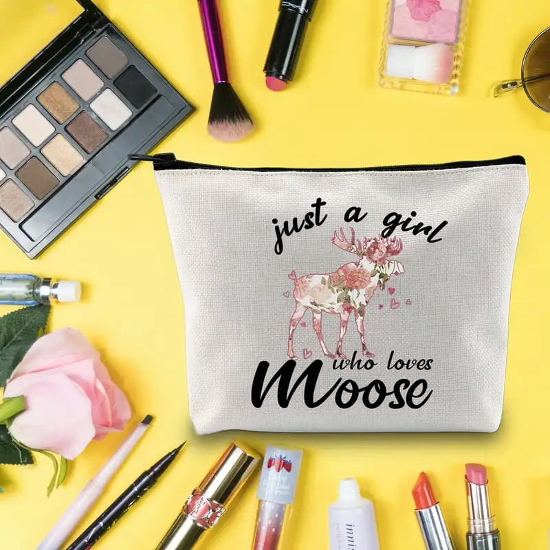 Funny Animal Lover Makeup Zipper Pouch Bag Gift For Women Girls - Just A Girl Who Loves Moose Make Up Cosmetic Bag For Moose Lov