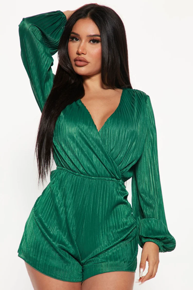 

WUHE Elegant Pleated Long Sleeve Wrap V-neck Romper 2022 Autumn Winter Ruched One Piece Suit Playsuit for Women Outfit