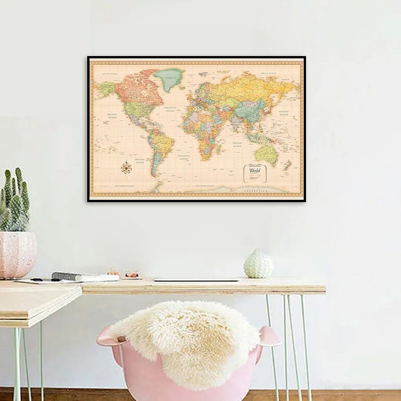 

70*50cm Map of The World Vintage Poster Wall Art Prints Non-woven Canvas Painting Office Supplies Living Room Home Decoration