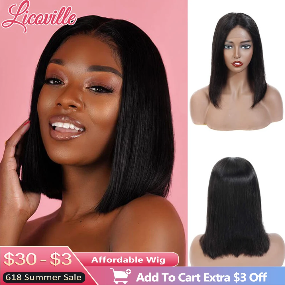 

Black Straight Human Hair Bob Wig Full Machine Made No Lace Brazilian Virgin Hair Short Bob Wigs for Women 180 Density Licoville