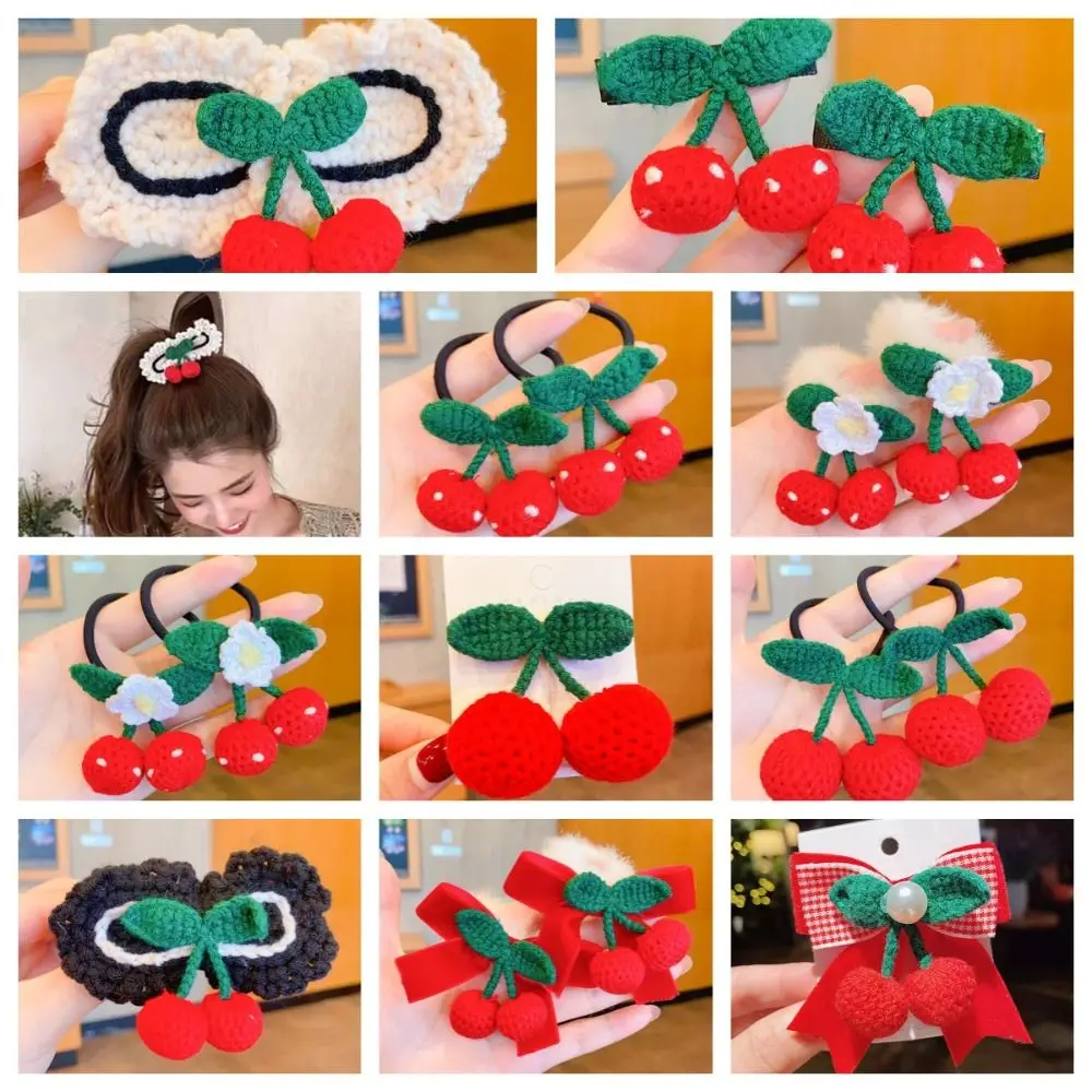 

Crochet Children Red Cherry Headdress Rubber Band Elastic Woolen Princess Hair Accessories Hairband Hair Rope Kids