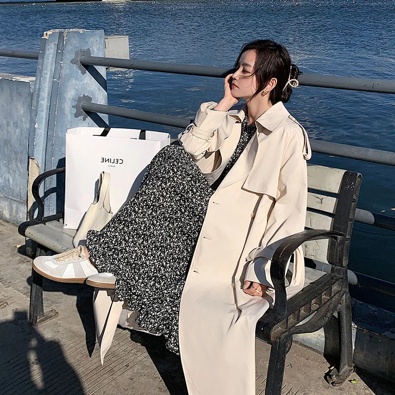 2022 Spring and Autumn New Beige Mid-Length Over-The-Knee Trench Coat Women's Loose and Casual Temperament Coat