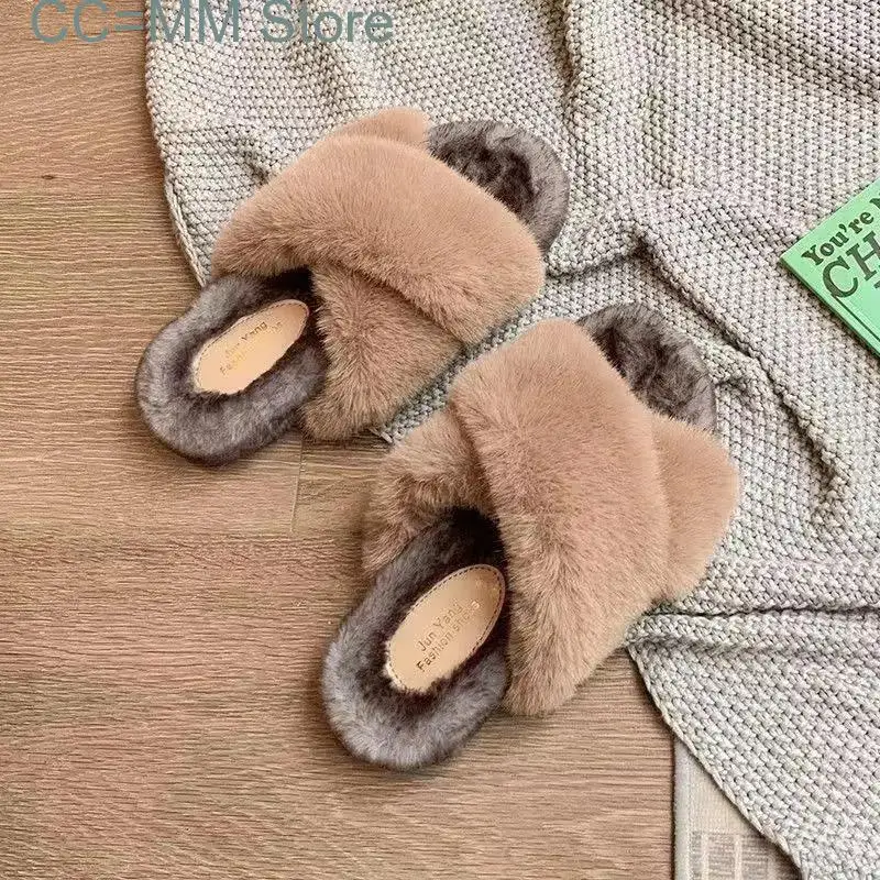 

Fashion Women Winter Thick-soled Plush Home Slippers Artificial Fur Inside Platform Low Heel Casual Soft Warm Slide Shoe New