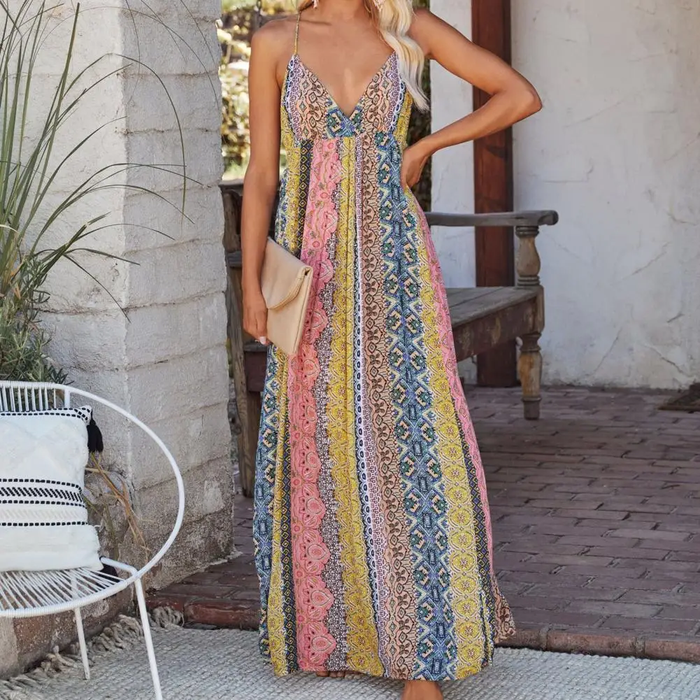 

Beach Dress Fashion Comfortable V-Neck Floral Print Patchwork Summer Sling Dress Streetwear Sling Dress Ladies Sundress