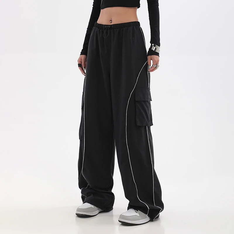

Women Drawstring Y2K Cargo Pants Low Waist Mopping Sweatpant Trousers Vintage Street Pockets Wide Leg Joggers Korean Style 2023