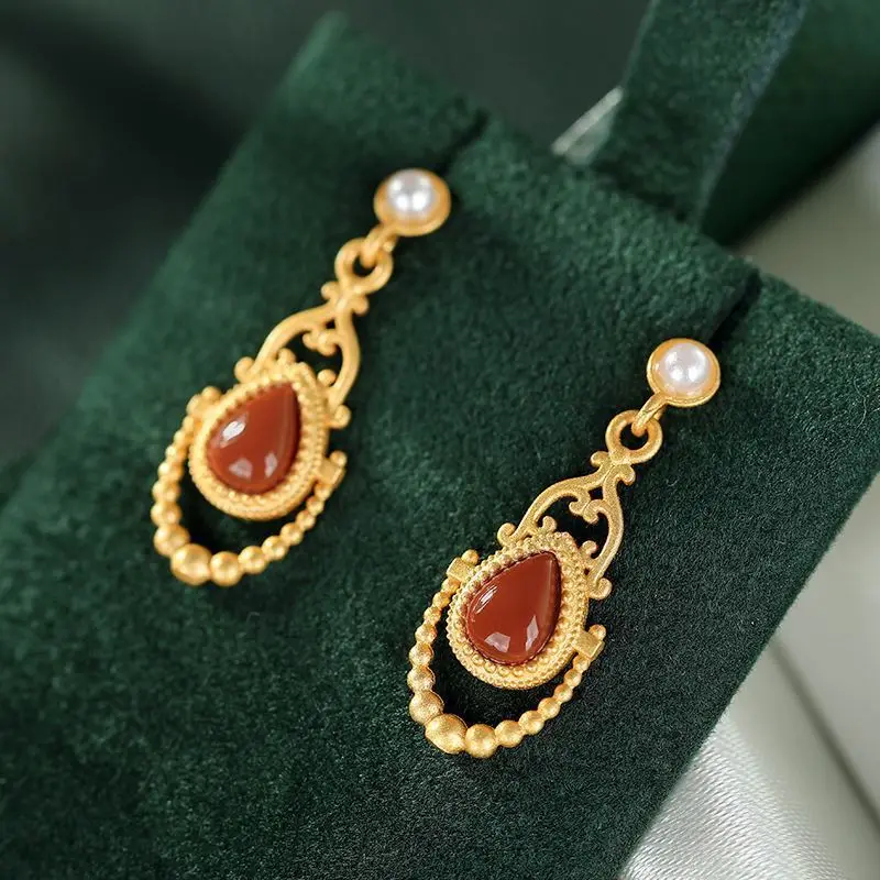 

Light luxury southern red tourmaline water drops earings for women exquisite pearl inlaid Ear Studs palace style jewelry