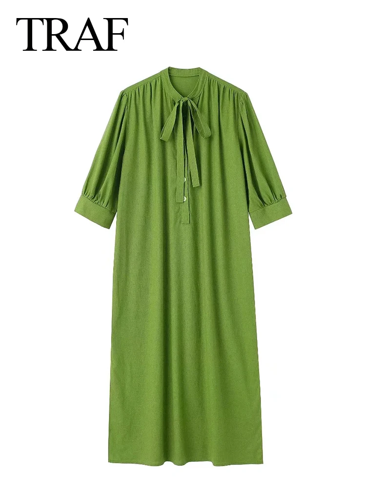 

TRAF Lightweight Three Button Pullover Mid Sleeve Women Dress Olive Green Daily Skin-Friendly Cotton Linen Lady Dress New