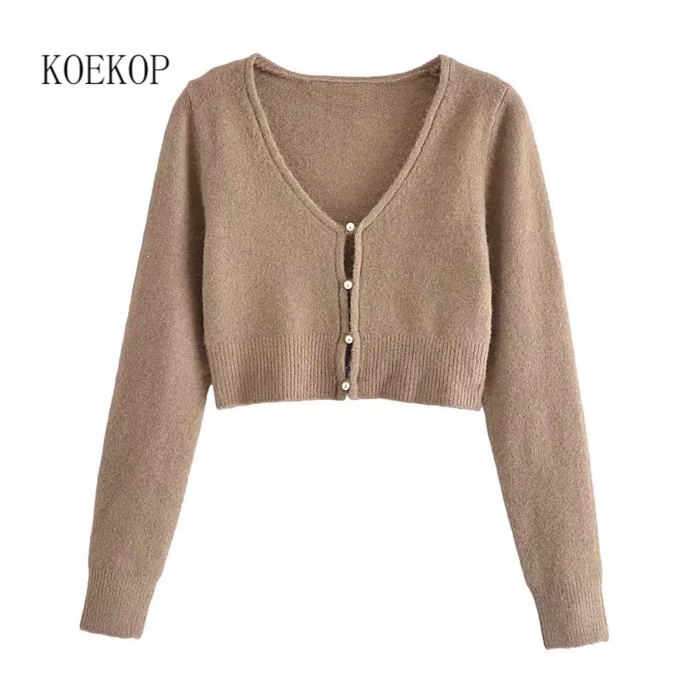 

Женский укороченный Вязаный Кардиган с длинным рукавом и V-образным вырезом