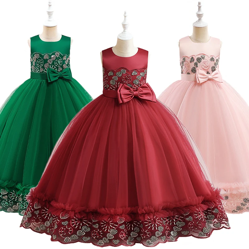

New Flower Girl Wedding Bridesmaid Fluffy Embroidered Dress Luxury Children Sleeveless Mesh Communion Ceremony Occasion Costume