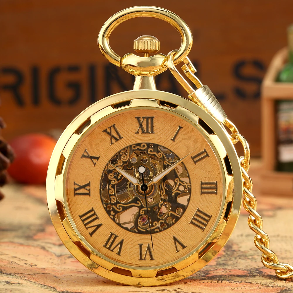 Roman Numerals Display Open Face Manual Mechanical Pocket Watch Gold Fob Chain Men Transparent Hollow Hand-Winding Pocket Clock