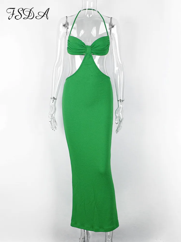 FSDA Green Maxi Beach Women Dress Bodycon Halter Neck 2022 Y2K Sexy Hollow Out Summer Backless Party Dresses Club Sleeveless