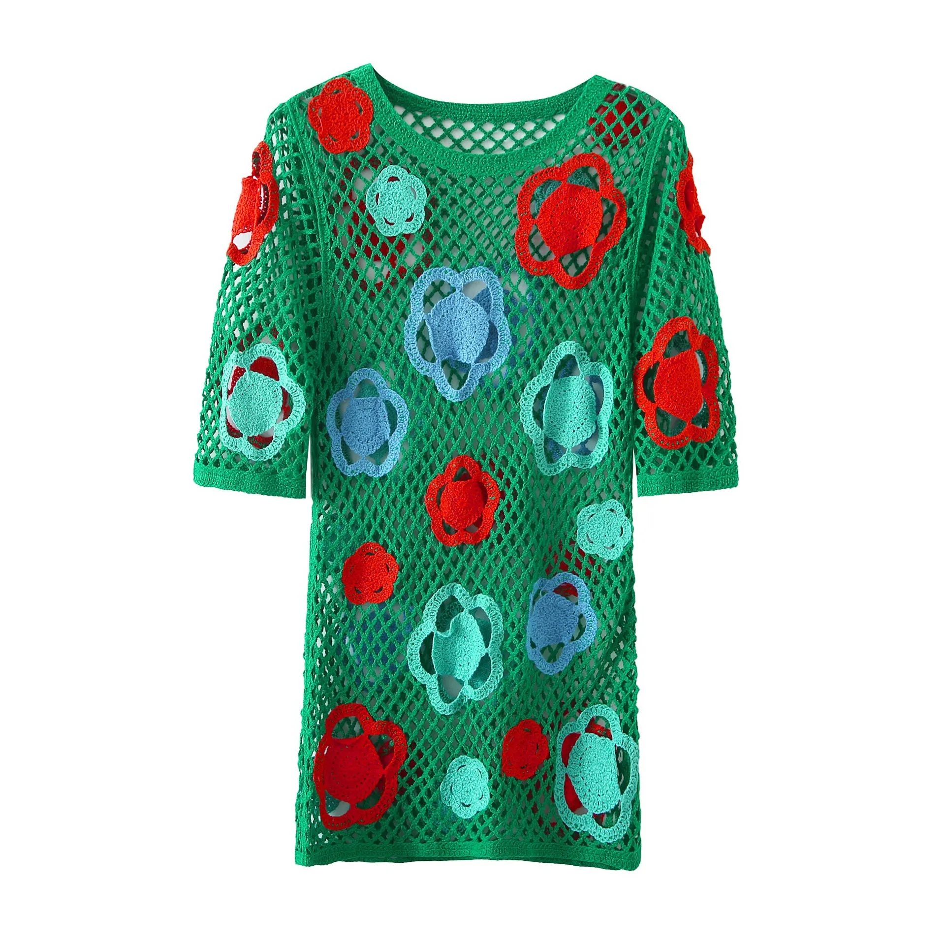 Женское короткое платье с коротким рукавом и вышивкой круглым вырезом