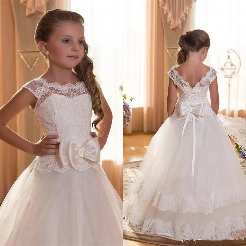 

First Communion Clothing For Kids Backless Lace Appliques Flower Gilr Dress Bows Tulle Ball Gown Pageant Foraml Wedding Occasion