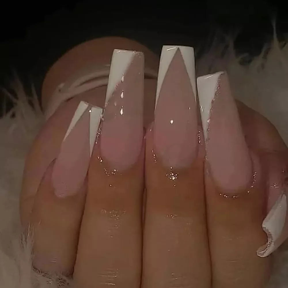 

NEW Detachable Glossy Ombre Pink French Ballerina Coffin False Nail Press on Ballet Fake Nails Tips Reusable Wear Full Cover