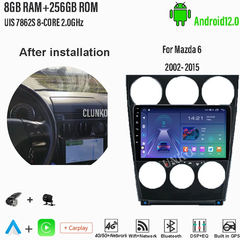 

Clunko For Mazda 6 2002- 2015 Android Car Radio Stereo Tesla Screen Multimedia Player Carplay Auto 8G+256G 4G Bluetooth WIFI