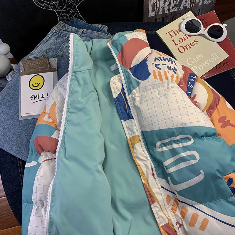 2022 New Winter Double-sided Parkas Harajuku Solid Color Print Cartoon Unisex Winter Jackets for Men Streetwear Women Coat Zip