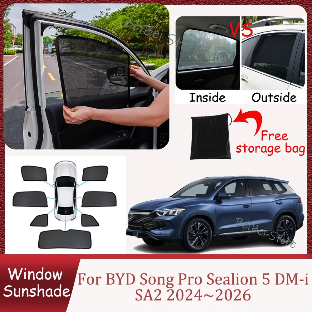 Фото Для BYD Song Pro Sealion 5 DM-i SA2 2024~2026 2025: Магнитная сетчатая солнцезащитная шторка для боковых окон автомобиля, аксессуары для интерьера №2