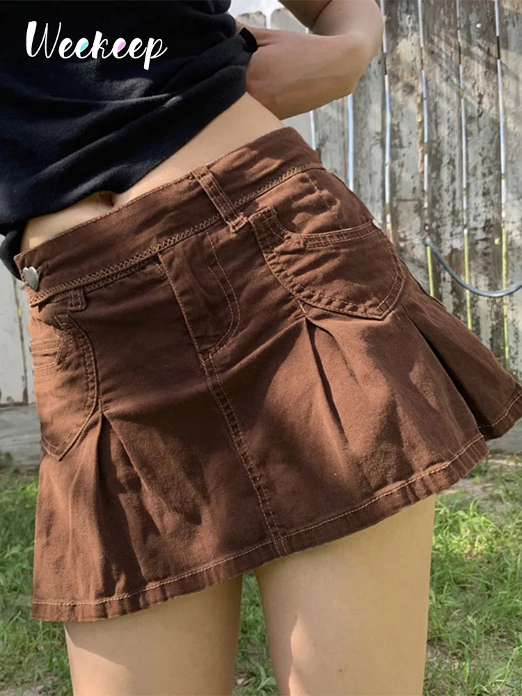 

Weekeep Goth Low Rise Denim Skirt With Shorts Women Streetwear Pocket Patchwork Mini Pleated Skirts Y2k Aesthetic Summer Outfits