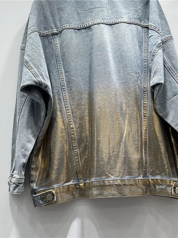Женская джинсовая куртка DEAT однобортная Свободная с золотым и серебряным
