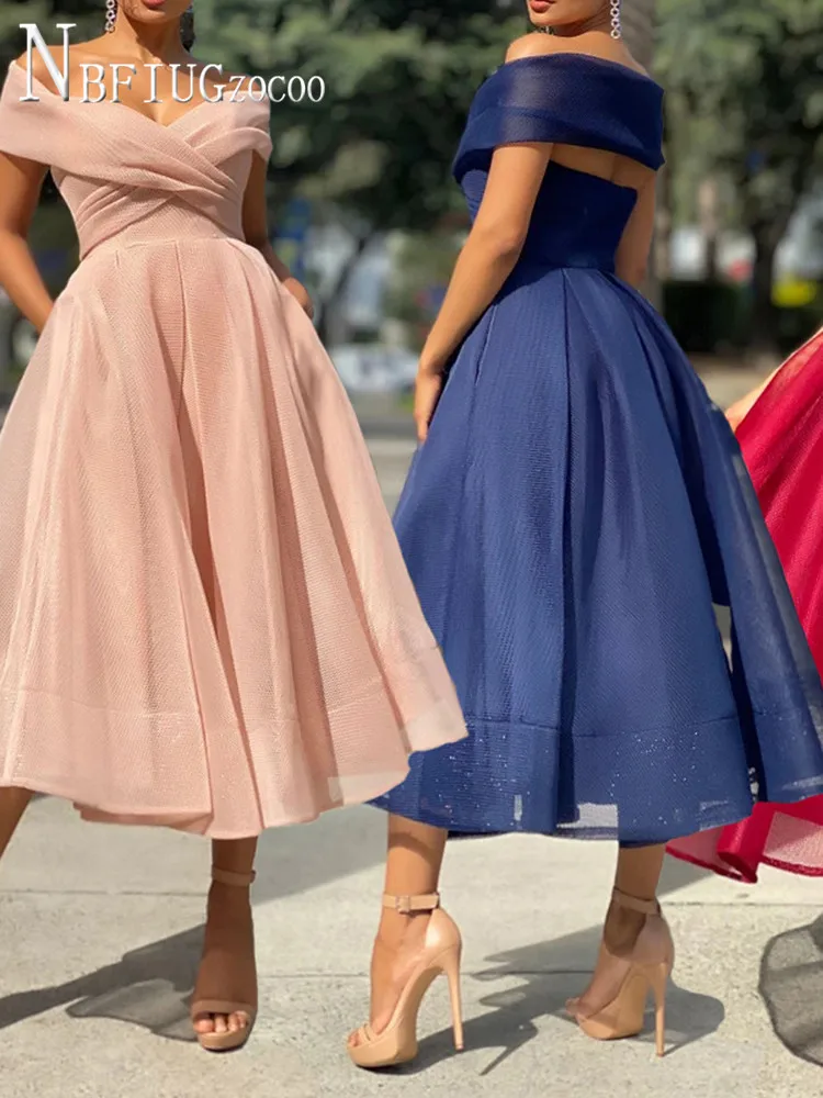 

Slim Solid Color Women Dress Expose Shoulder Birthday Party Female Dresses