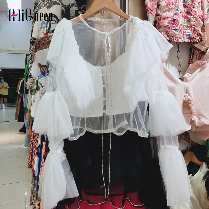 

Весенняя женская кружевная многослойная сетчатая комбинированная блузка с оборками женский милый сексуальный комбинированный кардиган с ...