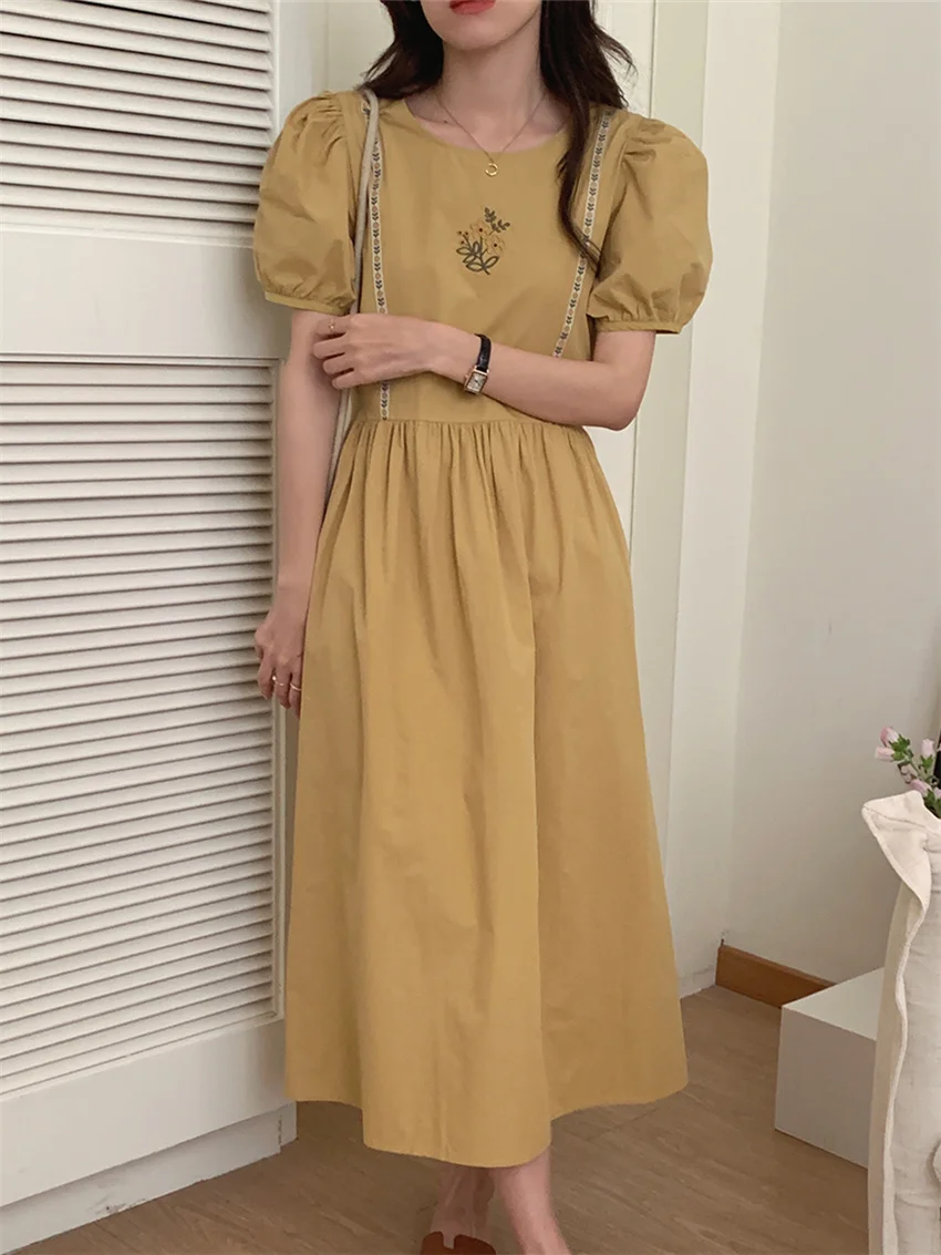 

Alien Kitty New Arrival Embroidery Flowers Long Dress Women New 2022 Summer All Match Short Sleeve Slim Casual Hot Elegant OL