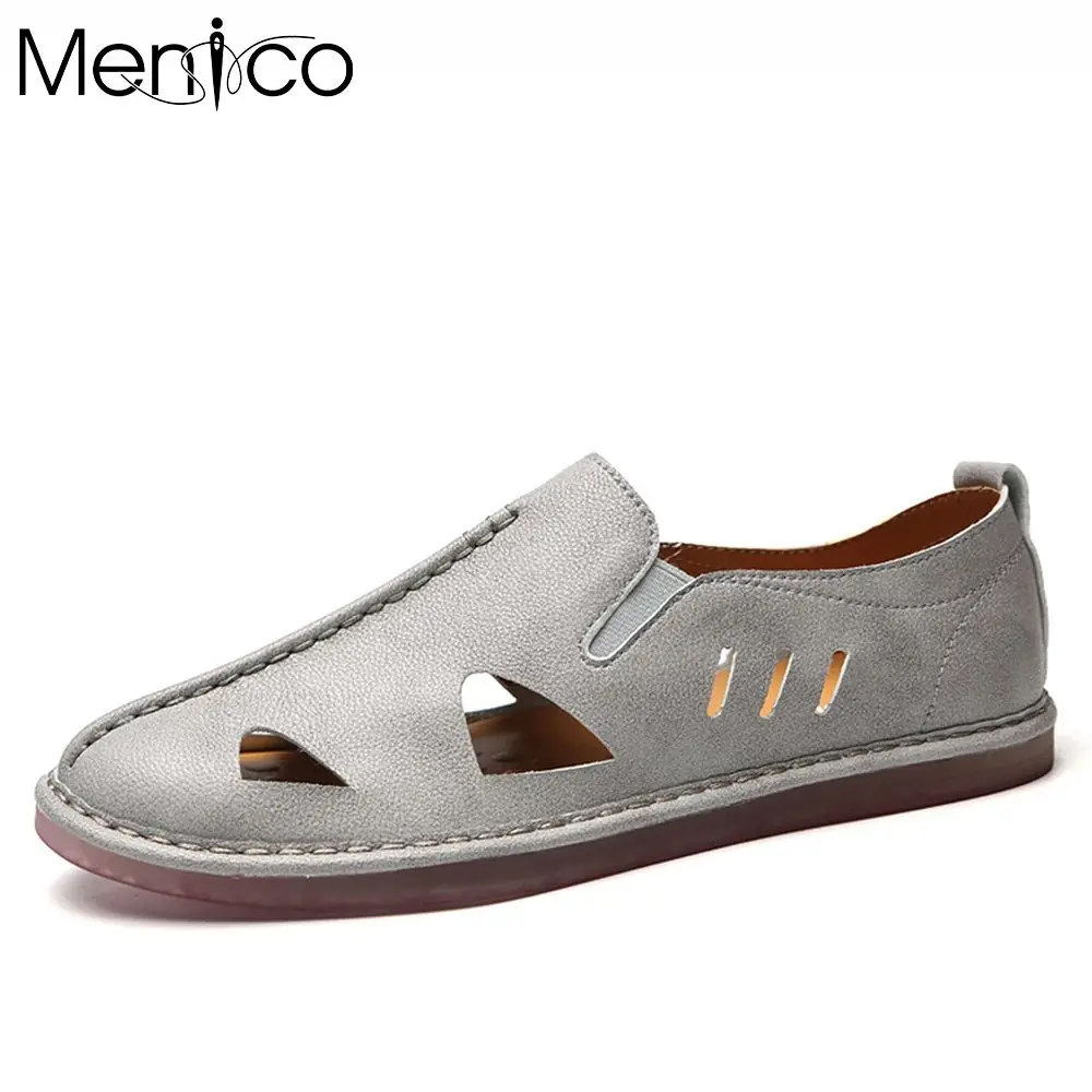 

Menico Men Hand Stitching Leather Mesh Splicing Non Slip Casual Sandals Clogs Men Sandals Fashion Beach Shoes Summer Size 39-46