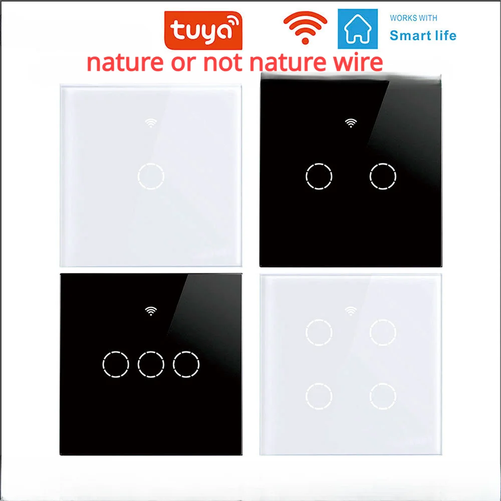 

Tuya WIFI Smart Switches Touch EU Glass Panel Voice Contorl 1 2 3 4 Gang 110V 220V 86mm 10A Black White Smart Life Switches