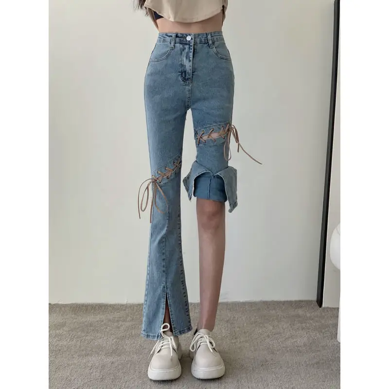 

Blue Fashion Split Denim Flare Cropped Pants 2022 Summer New Lace Up Wide Leg Pants