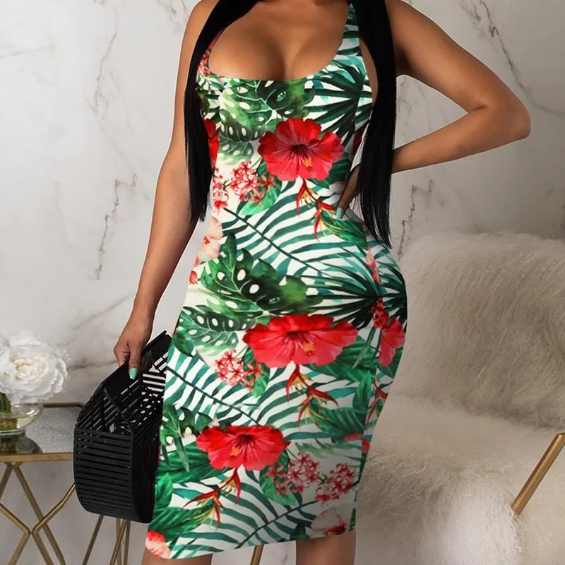 

Sexy Hawaiian Mini Dress Summer Sleeveless Boho Printed Beach Casual Loose Tight Sling Womens Sundress 2021 Vacation Outfits