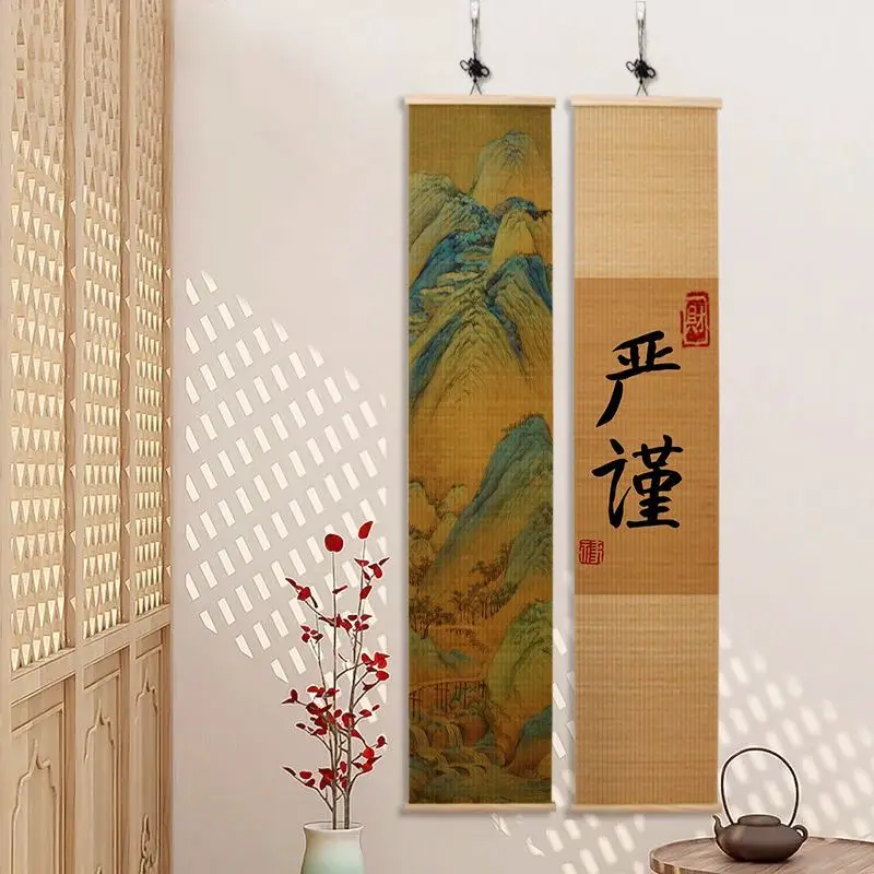 

Chinese Style Zen Printed Bamboo Curtains Calligraphy Painting Living Room Study Background Wall Frameless Decor Ornament ZD657