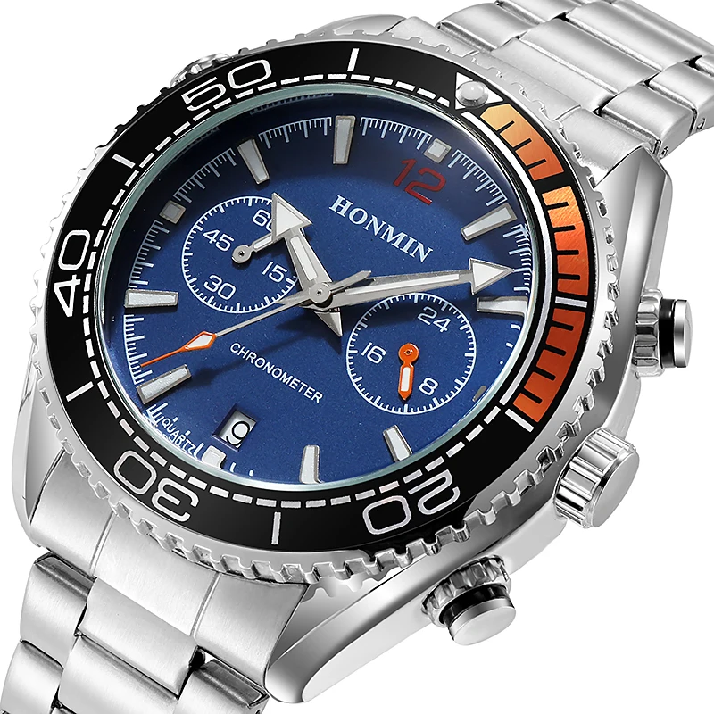 

HONMIN Watches Luxury Mens 2022 New Men's Stainless Steel Band Blue and Black Business Sports Casual Quartz Watch Men Best Gifts