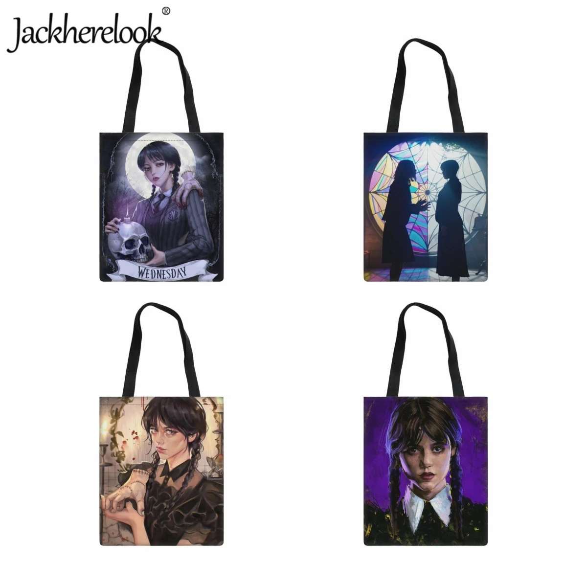 

Jackherelook Women's Shopping Shoulder Bag Casual Fashion Eco Friendly Foldable Canvas Bag Gothic Girl Wednesday Addams Handbag