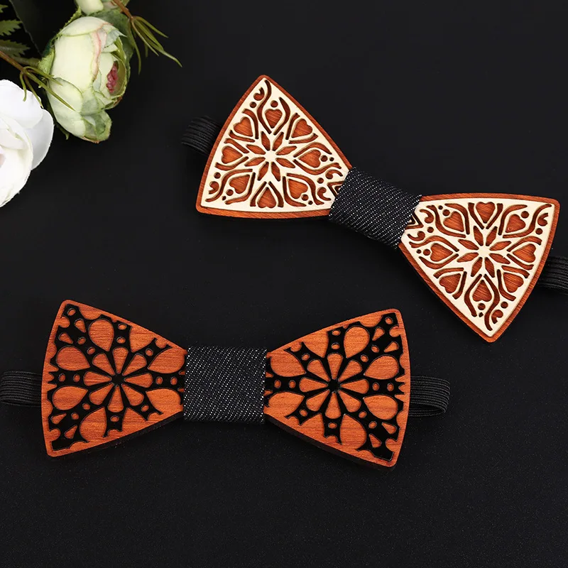 

Men Birthday Gift Wood Bowtie Cravat Elastic Band Strap Necktie Groom Wedding Party Laser Engrave Carved Flower Picture Bow Tie