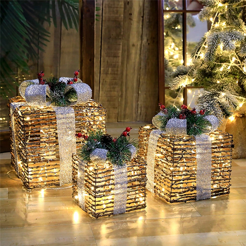 

15/20/25cm 3PCS/Set LED Christmas Pine Cone Bow Gift Box with String Light for Shopping Mall Window Decor Christmas Ornaments